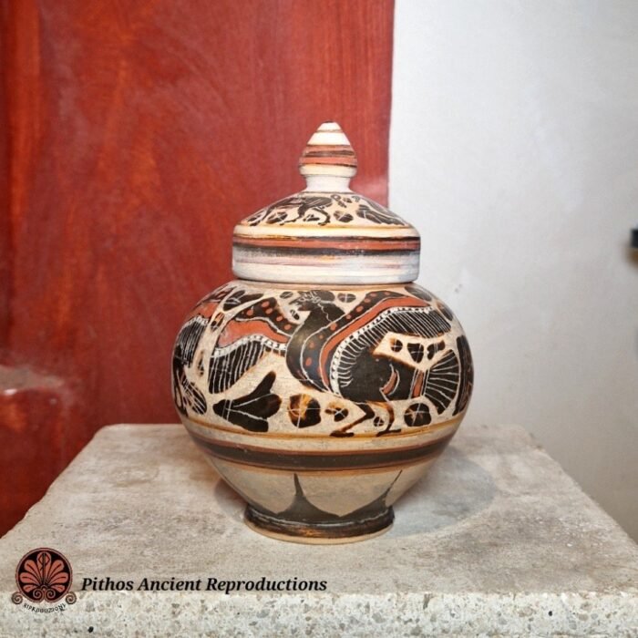 Pisside globulare Etrusco Corinzia animali figure nere