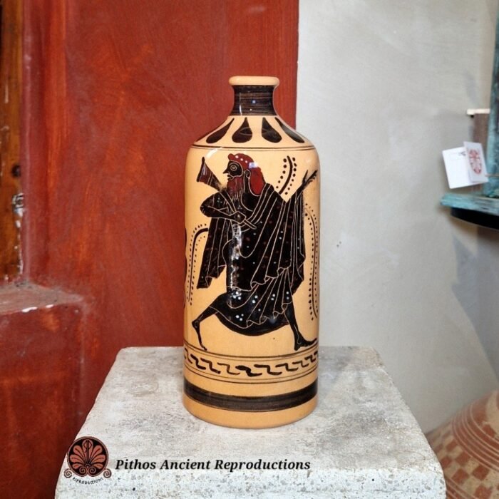 Bottiglia Dioniso ceramica smaltata decorazioni antiche figure nere
