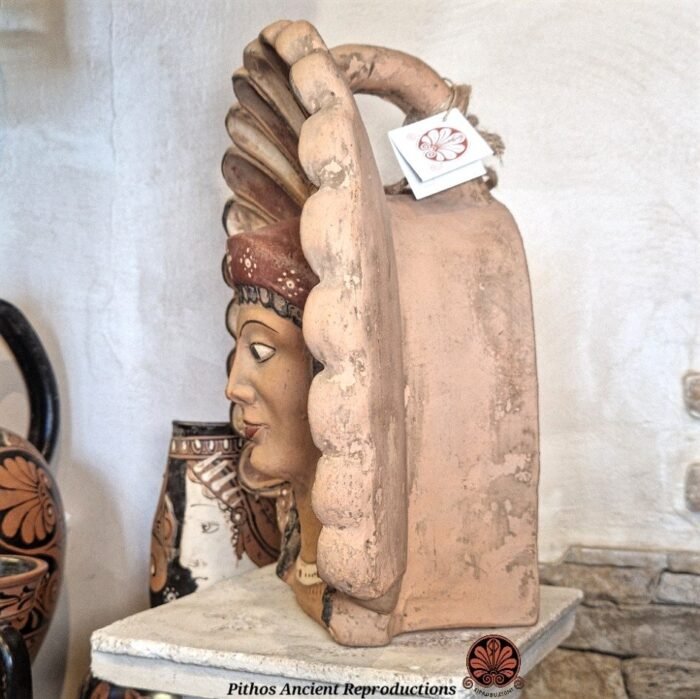 Antefissa volto donna etrusca raggera bordeaux e bianco in terracotta - immagine 2