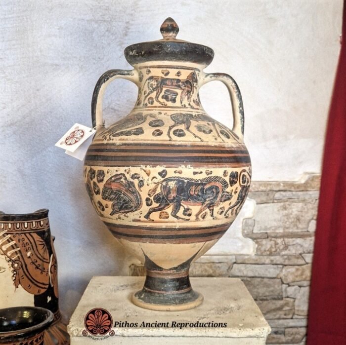 Pisside etrusco corinzia figure nere con coperchio