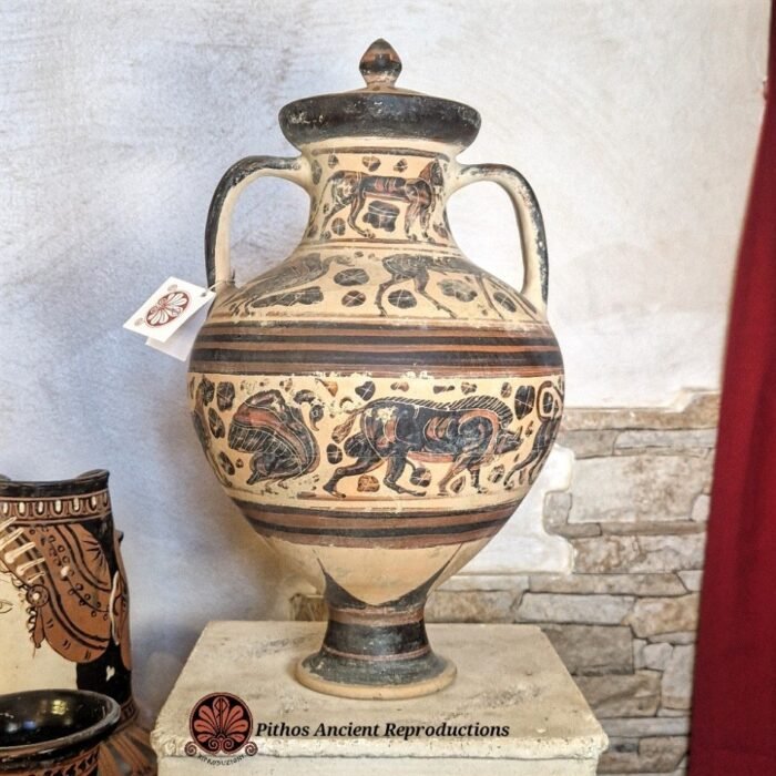 Pisside etrusco corinzia figure nere con coperchio