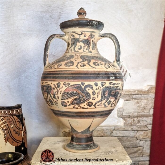 Pisside etrusco corinzia figure nere con coperchio - immagine 3