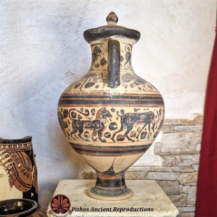 Pisside etrusco corinzia figure nere con coperchio - immagine 4