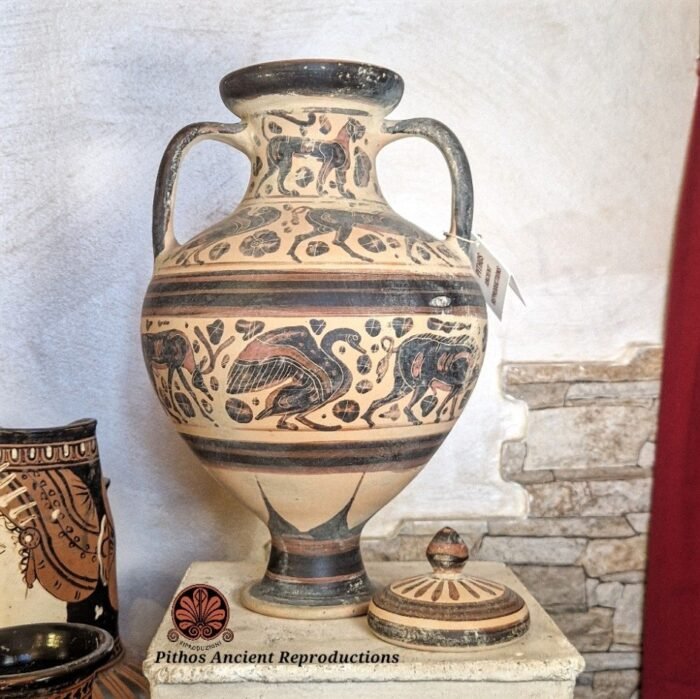 Pisside etrusco corinzia figure nere con coperchio - immagine 5