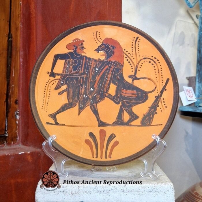 Piatto Herakles/leone Nemeo figure nere